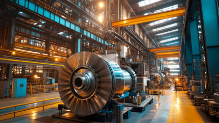 Obraz premium Large scale machinery in an industrial factory showcases advanced technology and engineering. bright lighting and spacious layout create dynamic atmosphere of productivity and innovation