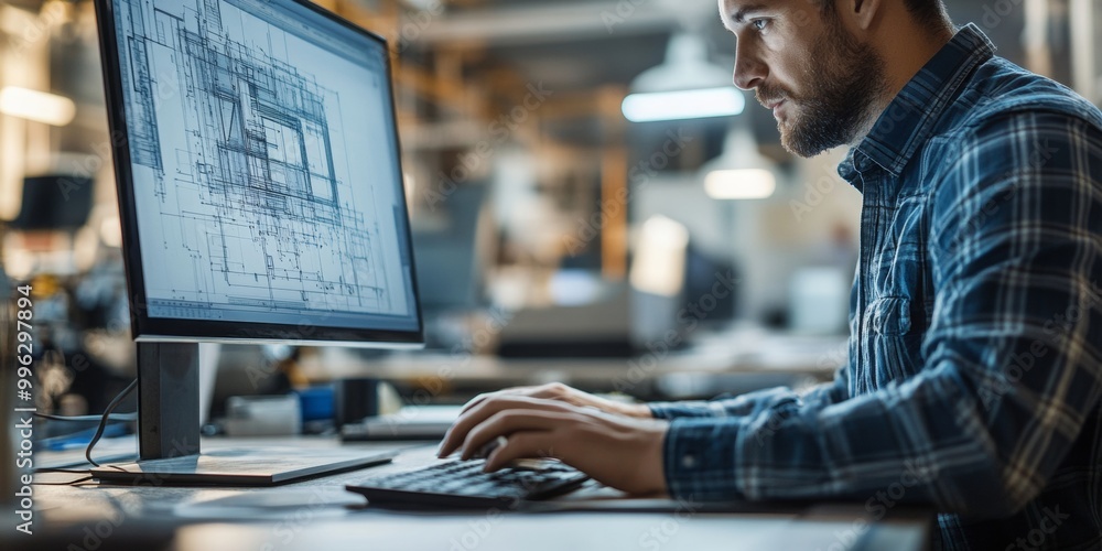 Aufkleber architect engaged in computer-aided design, illuminated by screen light, workspace softly blurred in