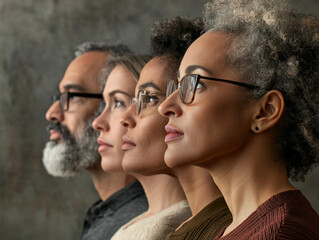 Group of diverse  people staring upward in unison with focused expressions.