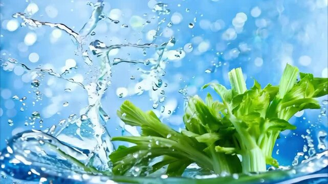 Fresh celery splashing in water, surrounded by a vibrant blue background with bokeh effects.