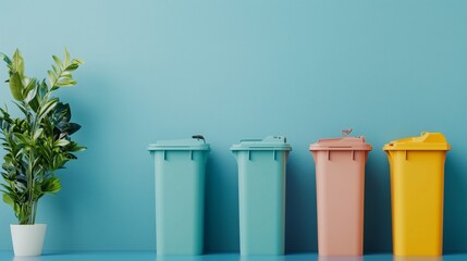 Pastel colorful plastic bins for different waste types on blue background. eco-friendly waste separation with sink recycle. Zero waste. business, presentation, banner, social media.