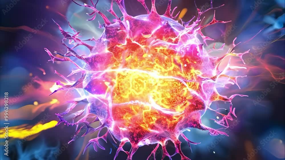 Poster a colorful, abstract representation of a virus or cell, featuring spikes and glowing elements in a d