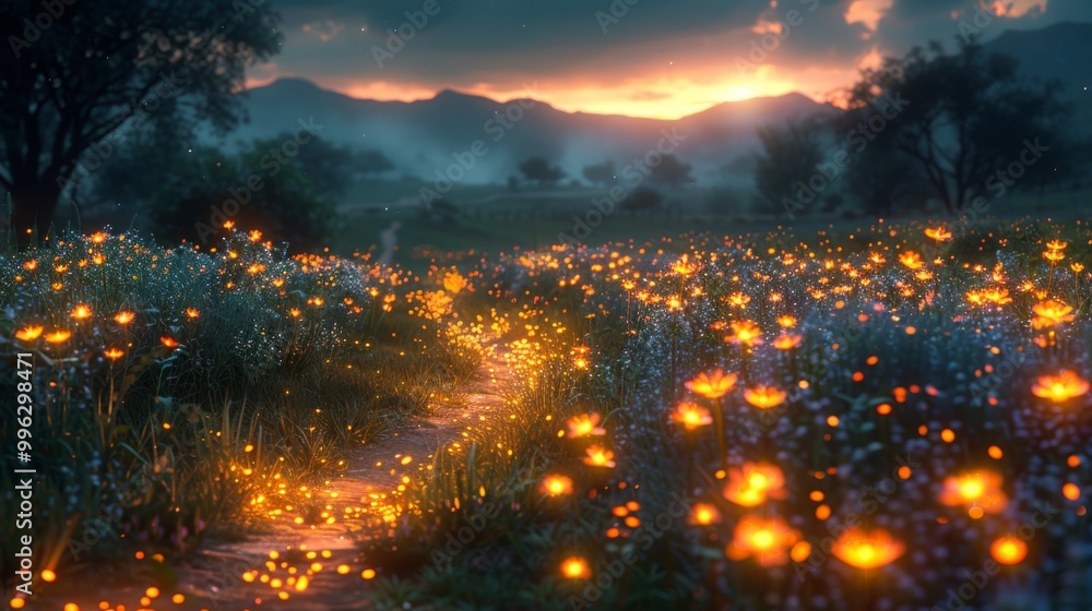 Poster a peaceful countryside scene where fireflies create a magical pathway through the fields and meadows