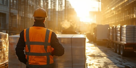 Construction worker unloading materials under bright sunlight, softly blurred construction site in the background, focused labor and activity
