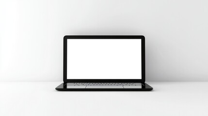Fototapeta premium A thin laptop with a white screen on a white background, showcasing minimalist technology and sleek design.
