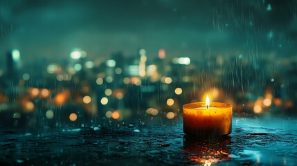 Close up image of candle and its flame with window on the background and big city reflections.