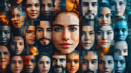 A mosaic of diverse faces forming a single image, 3D rendering, colorful patterns, holographic elements, unity and community.