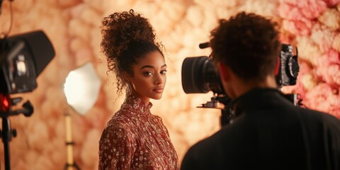 Fashion designer and photographer in vibrant studio, warm lighting enhances creative collaboration, dynamic atmosphere fuels inspiration