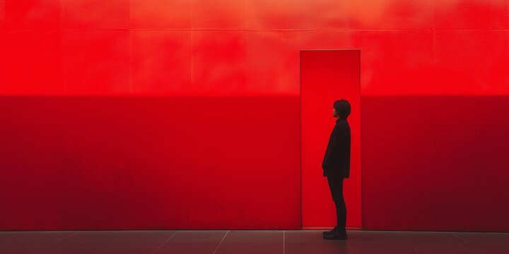 Silhouetted individual standing against a bold red wall with clean lines, embodying a minimalist and striking aesthetic.