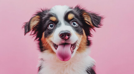 Fototapeta premium A playful and hungry Australian Shepherd puppy licking its lips with its tongue, set against a pastel pink background, evoking a cheerful summer or spring vibe.
