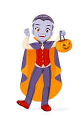 Young boy trick-or-treating with jack-o-lantern in Halloween vampire costume vector illustration.