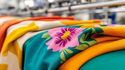 Colorful fabric with floral patterns showcased in a textile studio, perfect for design inspiration and creative projects.