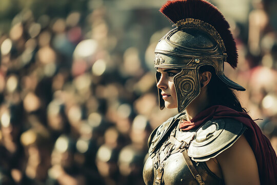 Female Gladiator's Valor: Poised and Powerful in Vibrant Roman Arena  
