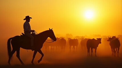 Silhouette of a Cowboy on Horseback Managing a Herd of Cattle On a Dusty Plains During Sunset