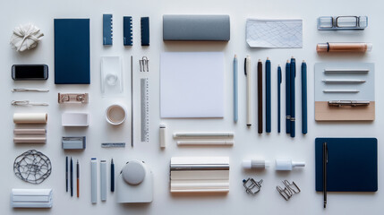 Flat lay of office supplies on a white background, clean and organized, perfect for a modern workspace theme