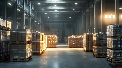 Shot of a large warehouse with neatly stacked boxes and pallets filled with goods, creating an atmosphere that evokes the essence of modern storage technology
