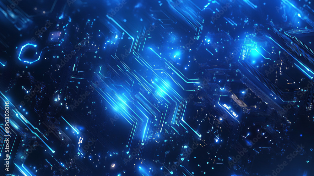 Poster abstract digital background with circuit line elements in a technology blue hue, featuring a circuit