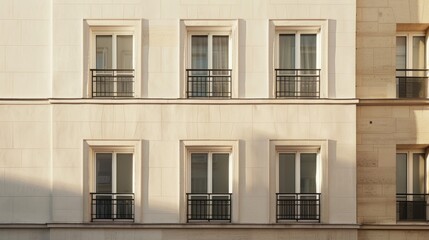 Fototapeta premium Modern Parisian building, minimalist facade, full wall with windows and doors, warm sunlight, tranquil atmosphere, no people around.