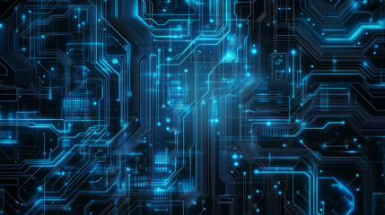 Abstract digital background with circuit line elements in a technology blue hue, featuring a circuit board design. This vector illustration highlights a tech network backdrop, combining futuristic tec