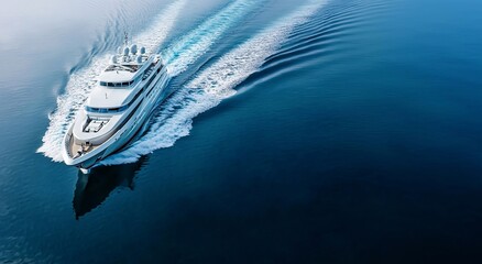 Naklejka premium White private yacht boat cruising on sunny summer day leaving trail behind.Top View.AI Generative.