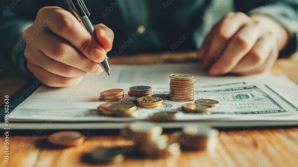 Poster A close-up of hands counting bills and coins on a table, with a notepad displaying a savings plan in the background, capturing the essence of budgeting and financial responsibility.
