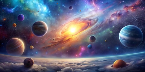 A view from an unknown planet to a sky full of colors planets stars and nebulae a view from space from another unknown galaxy Cr