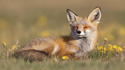 A red fox lying in a clearing with closed eyes. Wild animal resting in its natural habitat. Illustration for banner, poster, cover, brochure or presentation.