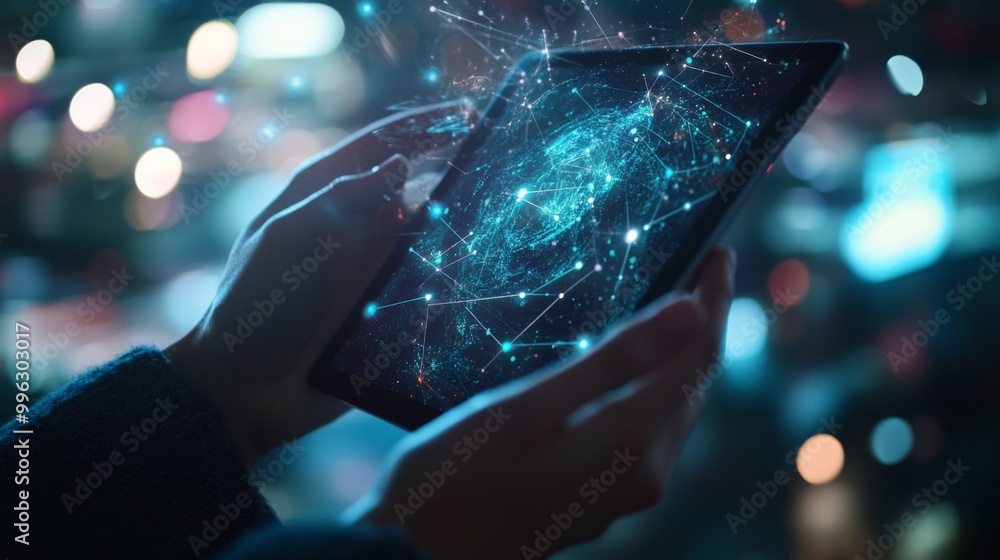 Fototapete a close-up of hands holding a tablet, with a holographic interface of wi-fi signals and global commu