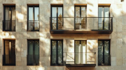 Fototapeta premium Modern Parisian facade, minimalist architecture, complete wall with windows and doors, warm sunlight, tranquil urban scene, no people around.