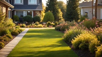 Obraz premium A clean backyard of a residential house with a flowerbed full with trees and a beautiful grass