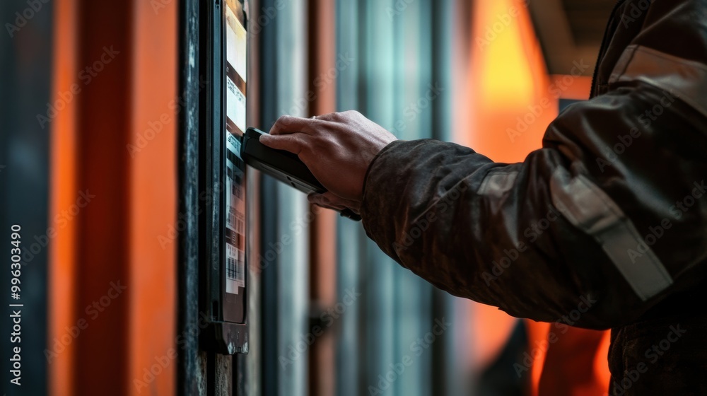 Poster warehouse worker scanning barcode on package using scanner device