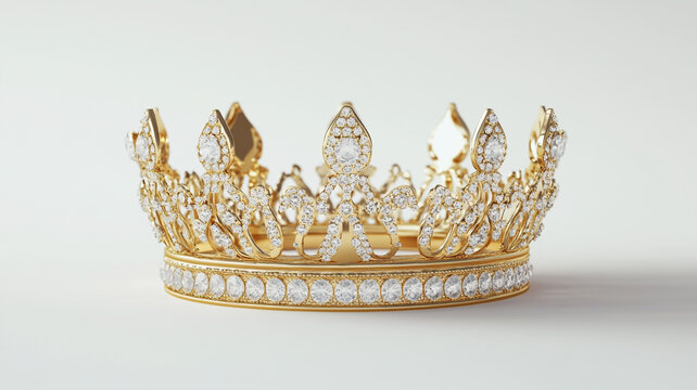 Golden crown adorned with diamonds on white background.