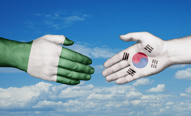 South Korea and Nigeria country handshaking with flags, consensus concept international co-operation illustration