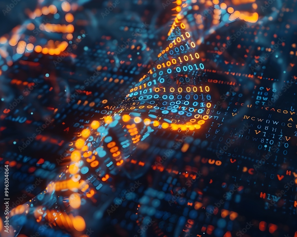 Poster binary code transcribed into dna strands forming digital ones and zeros for data storage concept