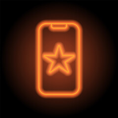Mobile phone with star, app rate simple icon vector. Flat design. Orange neon on black background