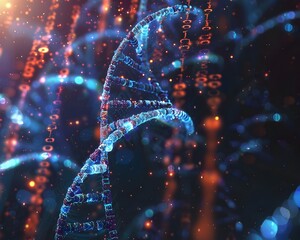 Digital DNA Data Storage Concept   Glowing Binary Code Transcribed into Genetic Strands