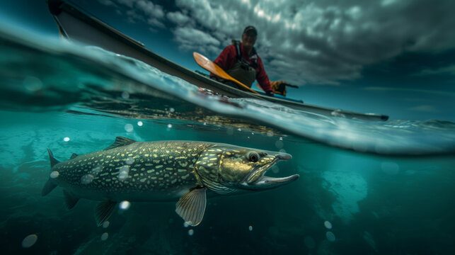 Underwater view of a large pike in the river and a fisherman in boat above the water. Water surface dividing the screen. Summer fishing on the lake.