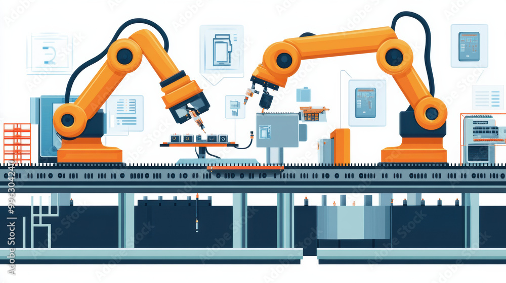 Poster automated robotic arms work efficiently on assembly line, showcasing modern manufacturing technology
