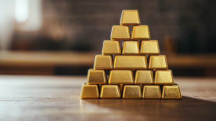 Gold bricks stacked in pyramid formation create striking visual of wealth and prosperity. gleaming gold reflects light beautifully, enhancing luxurious feel of scene