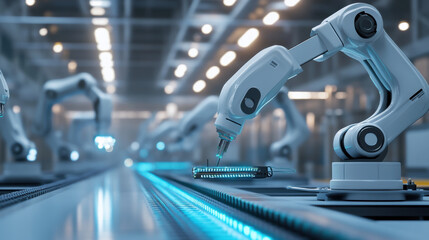 Fototapeta premium Robotic arms are efficiently assembling components on factory assembly line, showcasing advanced automation technology in modern industrial setting