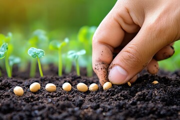 Close-up of a hand planting seeds in fertile soil, representing gardening, growth, and agriculture in a natural environment.