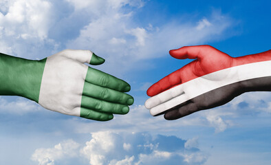 Yemen and Nigeria country handshaking with flags, consensus concept international co-operation illustration