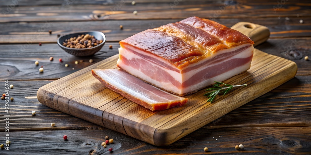 Poster smoked pork belly bacon block on a wooden board top view isolated ai generative