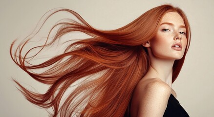 Studio beauty shot of young beautiful woman with long silky red ginger hair for hair product advertising poster.AI Generative.