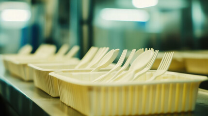 Biodegradable cutlery displayed in trays, showcasing eco friendly dining solutions. image captures modern approach to sustainable utensils, emphasizing cleanliness and innovation