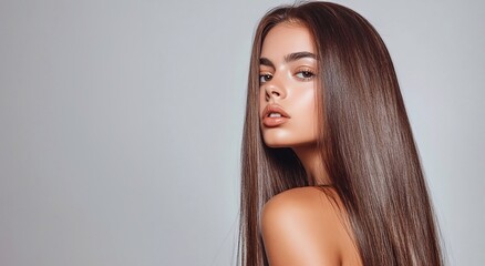 Studio beauty shot of young beautiful woman with long silky dark brown hair for hair product advertising poster.Macro.AI Generative.