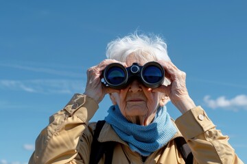 An elderly woman uses binoculars, enjoying an outdoor activity like birdwatching, representing exploration, curiosity, and active aging.