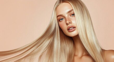 Studio shot of young beautiful woman with long silky blond hair for hair product advertising poster.AI Generative.