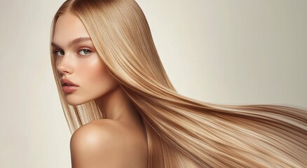 Studio shot of young beautiful woman with long silky blond hair for hair product advertising poster.AI Generative.