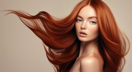 Beautiful woman model with long ginger red silky shining hair for hair products advertising on beige background.Macro.AI Generative.